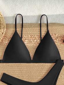 Swim Basics Solid Color Sexy Bikini Swimsuit For Beach Vacation - Black - View 4
