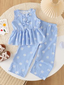 SHEIN Elladie kids 女童碎花两件套，棕色蝴蝶结装饰无袖上衣+配套阔腿裤，甜美可爱休闲装，夏季 - 藍色 - 查看 4