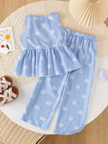 SHEIN Elladie kids 女童碎花两件套，棕色蝴蝶结装饰无袖上衣+配套阔腿裤，甜美可爱休闲装，夏季 - 藍色 - 查看 3