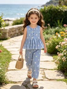 SHEIN Elladie kids 女童碎花两件套，棕色蝴蝶结装饰无袖上衣+配套阔腿裤，甜美可爱休闲装，夏季 - 藍色 - 查看 6