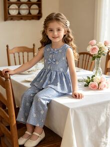 SHEIN Elladie kids 女童碎花两件套，棕色蝴蝶结装饰无袖上衣+配套阔腿裤，甜美可爱休闲装，夏季 - 藍色 - 查看 7
