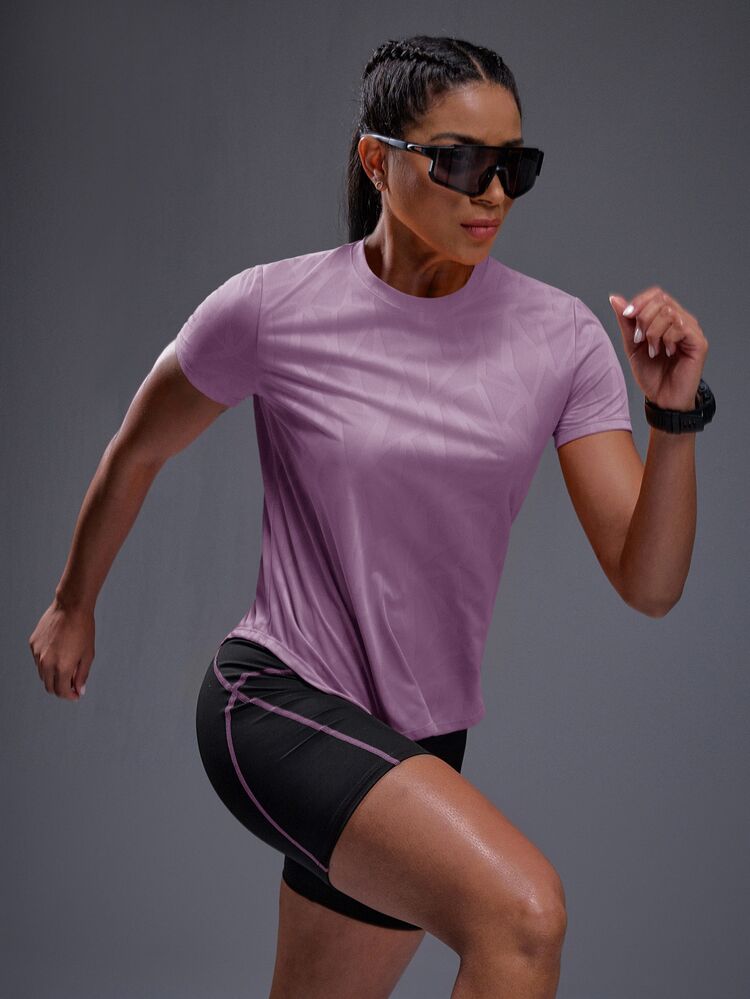 SHEIN Sports 1pc Letter Pattern Raglan Sleeve Rib-Knit Sports Tee Workout Tank Top Gym Women Shirts - Mauve Purple - View 3