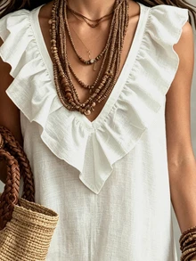 SHEIN Holidaya Vestido Feminino Casual Minimalista Elegante com Decote em V, Patchwork e Bainha com Babados, Ajustado, Versátil para Praia e Férias, Primavera/Verão, Roupa Feminina de Férias, Vestido Elegante Feminino, Vestido Casual Feminino - Branco - Visão 4