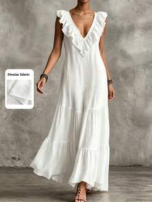 SHEIN Holidaya Vestido Feminino Casual Minimalista Elegante com Decote em V, Patchwork e Bainha com Babados, Ajustado, Versátil para Praia e Férias, Primavera/Verão, Roupa Feminina de Férias, Vestido Elegante Feminino, Vestido Casual Feminino - Branco - Visão 2