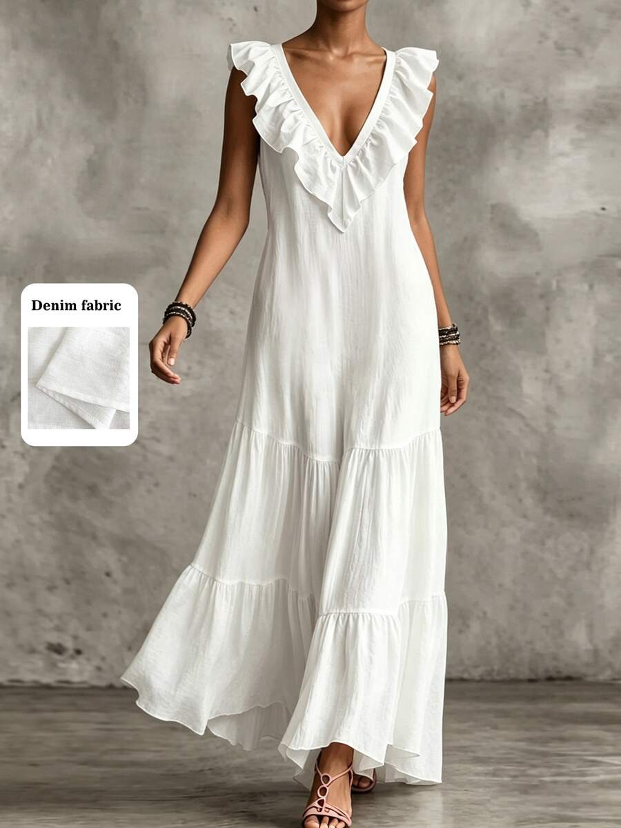 SHEIN Holidaya Vestido Feminino Casual Minimalista Elegante com Decote em V, Patchwork e Bainha com Babados, Ajustado, Versátil para Praia e Férias, Primavera/Verão, Roupa Feminina de Férias, Vestido Elegante Feminino, Vestido Casual Feminino