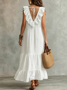 SHEIN Holidaya Vestido Feminino Casual Minimalista Elegante com Decote em V, Patchwork e Bainha com Babados, Ajustado, Versátil para Praia e Férias, Primavera/Verão, Roupa Feminina de Férias, Vestido Elegante Feminino, Vestido Casual Feminino - Branco - Visão 3
