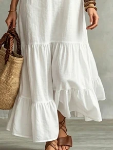 SHEIN Holidaya Vestido Feminino Casual Minimalista Elegante com Decote em V, Patchwork e Bainha com Babados, Ajustado, Versátil para Praia e Férias, Primavera/Verão, Roupa Feminina de Férias, Vestido Elegante Feminino, Vestido Casual Feminino - Branco - Visão 6