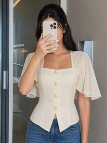 NOVVYNE 女款優雅方領披肩袖荷葉邊襯衫，白色鈕扣開襟上衣，適合派對、約會、優雅通勤與日常穿著，春/夏/秋季 - 杏色 - 查看 3