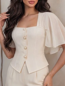 NOVVYNE 女款優雅方領披肩袖荷葉邊襯衫，白色鈕扣開襟上衣，適合派對、約會、優雅通勤與日常穿著，春/夏/秋季 - 杏色 - 查看 5