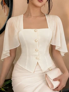 NOVVYNE 女款優雅方領披肩袖荷葉邊襯衫，白色鈕扣開襟上衣，適合派對、約會、優雅通勤與日常穿著，春/夏/秋季 - 杏色 - 查看 9