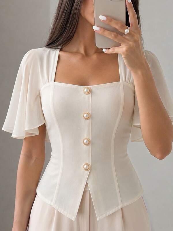 NOVVYNE Camisa Elegante Feminina com Decote Quadrado, Manga de Xale e Babados, Top Branca com Botões, Adequada para Festa, Encontro, Deslocamento Elegante e Uso Diário, Primavera/Verão/Outono