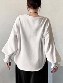 FRIFUL Women's Versatile Round Neck Bell Sleeve Sweatshirt For Vacation - Beige - View 7
