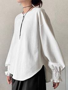 FRIFUL Women's Versatile Round Neck Bell Sleeve Sweatshirt For Vacation - Beige - View 4