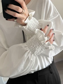 FRIFUL Women's Versatile Round Neck Bell Sleeve Sweatshirt For Vacation - Beige - View 9