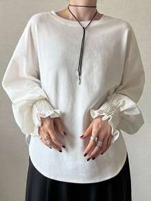 FRIFUL Women's Versatile Round Neck Bell Sleeve Sweatshirt For Vacation - Beige - View 6