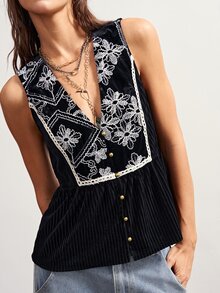 Bohemela 女款休閒波希米亞度假風刺繡鈕扣V領針織背心，黑色花卉夏季電音派對演唱會穿搭 - 咖啡棕 - 查看 3