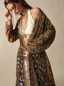 Bohemela 女款度假風腰果圖案對比蕾絲時尚休閒夾克 - 棕色 - 查看 1