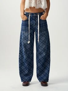 Bohemela Casual Woven Denim Plaid Wide Leg Long Pants For Women - Blue - View 6