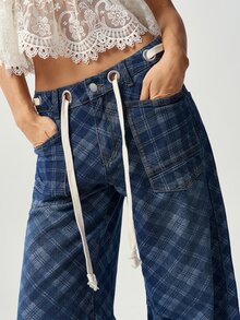 Bohemela Casual Woven Denim Plaid Wide Leg Long Pants For Women - Blue - View 1