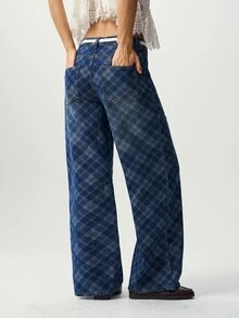 Bohemela Casual Woven Denim Plaid Wide Leg Long Pants For Women - Blue - View 5