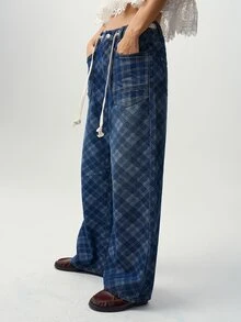 Bohemela Casual Woven Denim Plaid Wide Leg Long Pants For Women - Blue - View 4