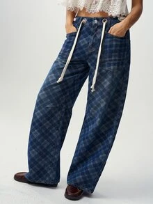 Bohemela Casual Woven Denim Plaid Wide Leg Long Pants For Women - Blue - View 3