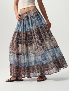Bohemela Boho Bohemian Elegant Vacation Style Music Festival Outfit Spring Summer Casual Paisley Woven Print Patchwork Design Loose Women's Skirt - Blue - View 1