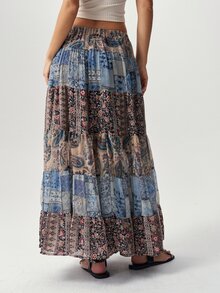 Bohemela Boho Bohemian Elegant Vacation Style Music Festival Outfit Spring Summer Casual Paisley Woven Print Patchwork Design Loose Women's Skirt - Blue - View 7