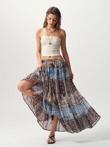 Bohemela Boho Bohemian Elegant Vacation Style Music Festival Outfit Spring Summer Casual Paisley Woven Print Patchwork Design Loose Women's Skirt - Blue - View 2