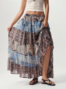 Bohemela Boho Bohemian Elegant Vacation Style Music Festival Outfit Spring Summer Casual Paisley Woven Print Patchwork Design Loose Women's Skirt - Blue - View 5