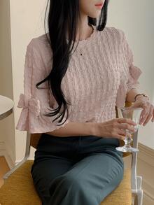 DAZY 新款春季女款泡泡袖蝴蝶结装饰特殊面料T恤，情人节 - 粉色 - 查看 8