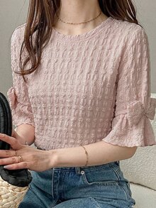 DAZY 新款春季女款泡泡袖蝴蝶结装饰特殊面料T恤，情人节 - 粉色 - 查看 7