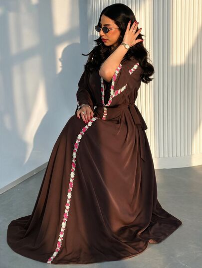 Al Najma Vintage Elegant Daily Deep Brown V-Neck Contrast Lace Side Tie Design Slimming Waist Arabic Long Dress