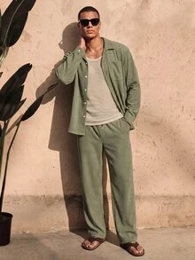 HIMLAND 男士橄欖綠紋理條紋兩件套 長袖拼接襯衫 寬腿抽繩長褲 寬鬆休閒 夏季海灘度假穿搭 - 軍綠色 - 查看 3