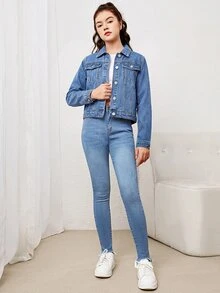 SHEIN Girls' Light Blue Denim Loose Cropped Long Sleeve Turn-Down Collar Jacket Autumn Winter Back To School - Blue - View 4