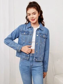 SHEIN Girls' Light Blue Denim Loose Cropped Long Sleeve Turn-Down Collar Jacket Autumn Winter Back To School - Blue - View 3