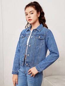 SHEIN Girls' Light Blue Denim Loose Cropped Long Sleeve Turn-Down Collar Jacket Autumn Winter Back To School - Blue - View 6