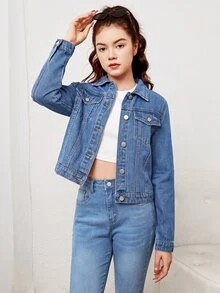 SHEIN Girls' Light Blue Denim Loose Cropped Long Sleeve Turn-Down Collar Jacket Autumn Winter Back To School - Blue - View 1