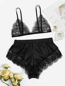 Lullawish Ensemble de pyjama/Ensemble de haut triangle et short en dentelle - Noir - Voir 3