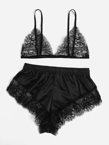 Lullawish Ensemble de pyjama/Ensemble de haut triangle et short en dentelle - Noir - Voir 4