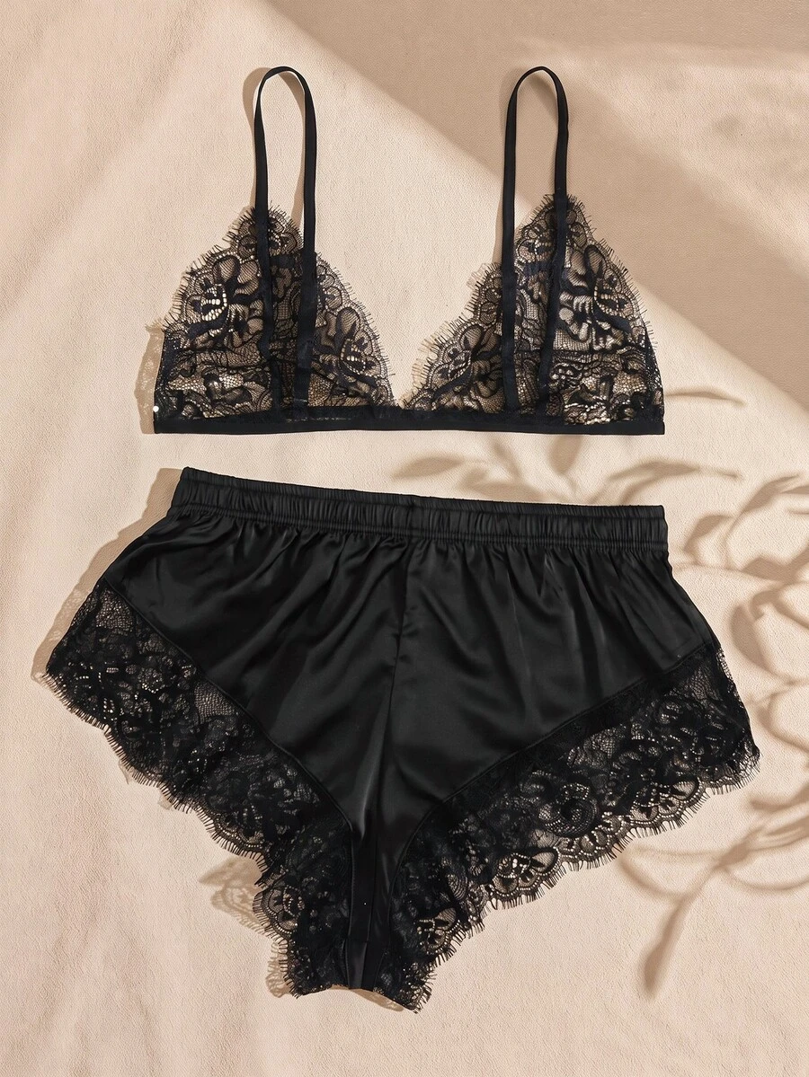 Lullawish Ensemble de pyjama/Ensemble de haut triangle et short en dentelle - Noir - Voir 1