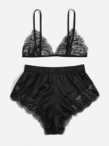 Lullawish Ensemble de pyjama/Ensemble de haut triangle et short en dentelle - Noir - Voir 2
