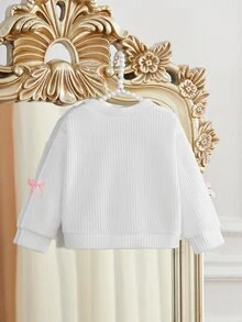 SHEIN 女嬰V領蝴蝶結純色長袖針織開襟外套，春秋白色可愛日系婚禮賓客風 - 白色 - 查看 2
