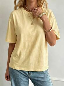DAZY Women's Casual Loose Fit Round Neck Basic Short Sleeve Top, Autumn/Winter Summer Thin Clothing - Yellow - View 4