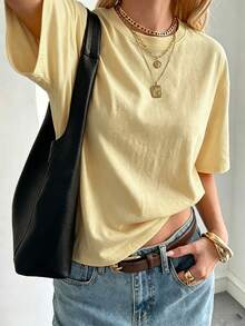 DAZY Women's Casual Loose Fit Round Neck Basic Short Sleeve Top, Autumn/Winter Summer Thin Clothing - Yellow - View 5