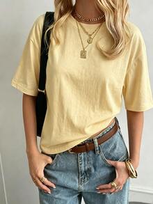 DAZY Women's Casual Loose Fit Round Neck Basic Short Sleeve Top, Autumn/Winter Summer Thin Clothing - Yellow - View 2