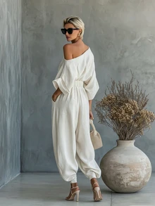 SHEIN Women's Elegant Off-Shoulder Two-Piece Set, Casual Suit, Country Style, Perfect For A Relaxed Vacation. - Apricot - View 6
