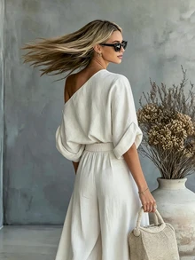 SHEIN Women's Elegant Off-Shoulder Two-Piece Set, Casual Suit, Country Style, Perfect For A Relaxed Vacation. - Apricot - View 3