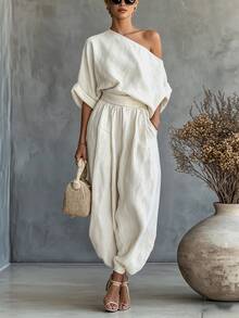SHEIN Women's Elegant Off-Shoulder Two-Piece Set, Casual Suit, Country Style, Perfect For A Relaxed Vacation. - Apricot - View 2
