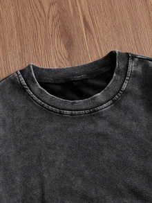 SWAVVY Men's Spring/Autumn Casual Loose Fit Standard Size Pullover Sweatshirt, Crew Neck, Black, Snow Wash Plain - Black - View 4